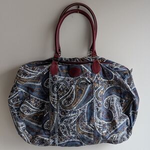 Vintage light cotton canvas duffel bag unlined paisley leather